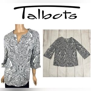 TALBOTS Women's Split Neck Blouse 3/4 Sleeve White Black Paisley Size Medium